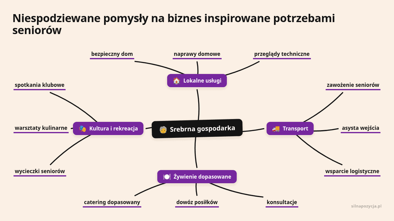 Mapa myśli: Srebrna gospodarka, gałęzie: Lokalne usługi, Transport, Żywienie dopasowane, Kultura i rekreacja
